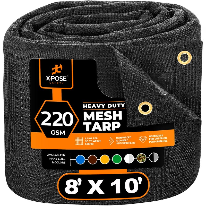xpose safety غطاء شبكي ثقيل من إكسبوز سيفتي - 8 قدم × 10 قدم غطاء واقي متعدد الاستخدامات باللون الأسود مع تدفق الهواء - يستخدم لتثبيت الأغراض، الظل، الأسوار، الأغطية، شاحنات التفريغ - مقاوم للتمزق - Image 1